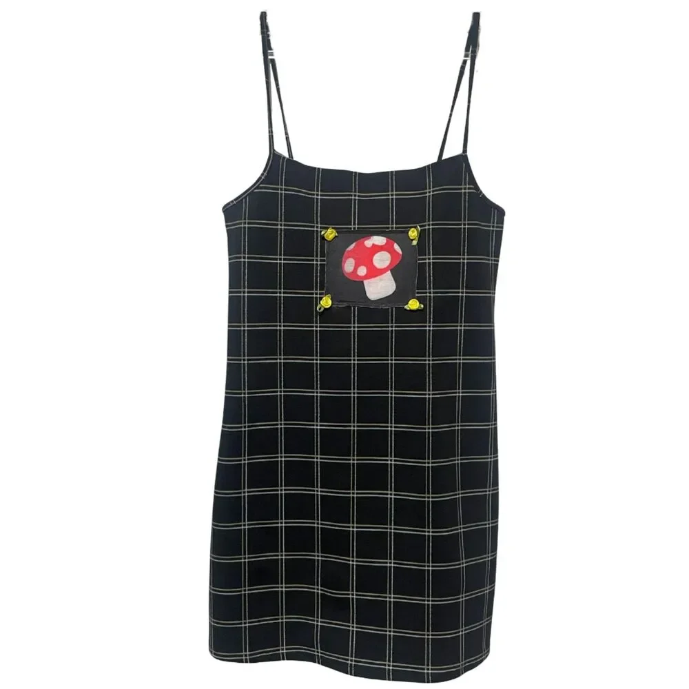Dark Academia Mushroom Plaid Spaghetti Mini Dress